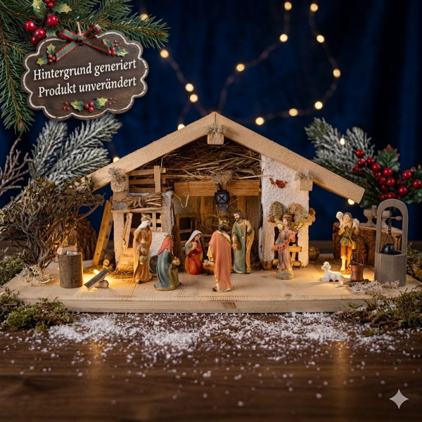 Wundervolle Weihnachtskrippe Kainsbach inkl. 12-tlg. Krippenfiguren Set K 650-9, Maße: ca. 58 x 25 x 25 cm